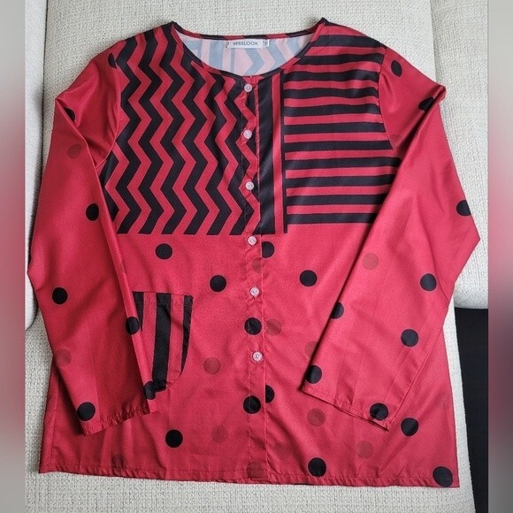 Miss Look Stunning Red with Black Geometric Design Button up Long Sleeve Blouse - Picture 3 of 13